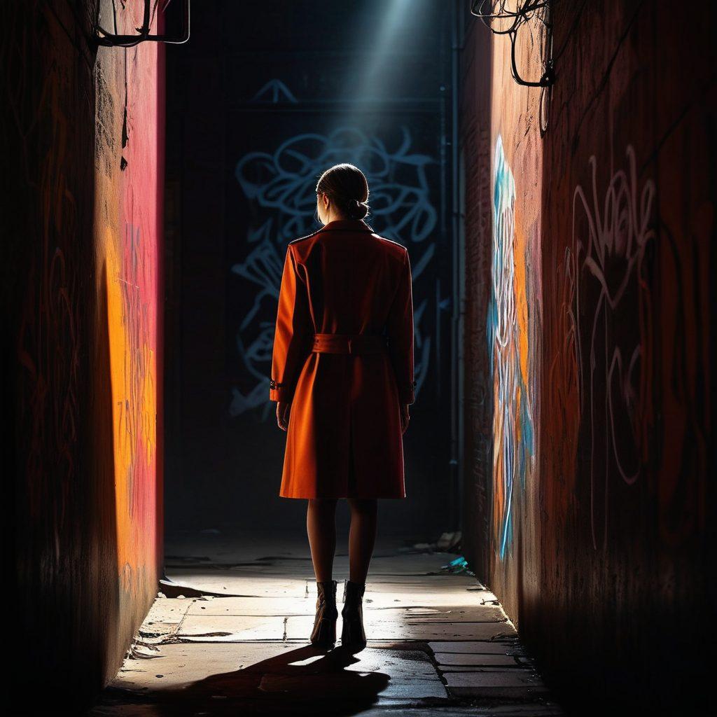A dimly lit alley gradually transitioning into a bright spotlight illuminating a mysterious figure standing confidently in the center. The background shows contrasting shadows with hints of urban graffiti, symbolizing deviance. The figure wears a sleek outfit that blends sophistication and rebellion, while the spotlight casts an intriguing glow. Add elements like a faint crowd watching from the shadows, enhancing the narrative of secrecy and reveal. super-realistic. vibrant colors. cinematic style.