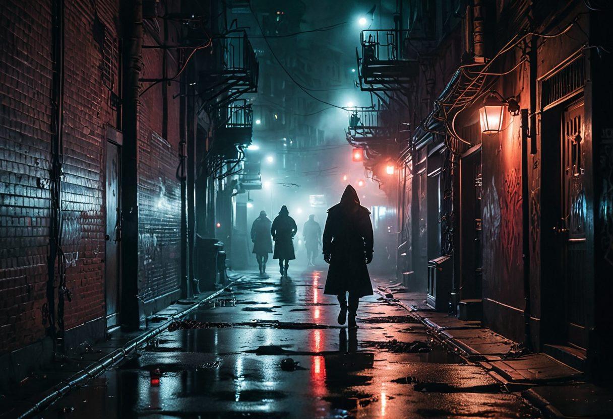 A dark, ominous alleyway shrouded in mist, silhouetted figures lurking in the shadows, with subtle hints of light from nearby streetlamps casting eerie reflections. The atmosphere is tense, evoking a sense of danger and intrigue, with graffiti on the walls whispering stories of the past. A hint of red in the background adds a touch of urgency. cyberpunk style. moody lighting. dark colors.