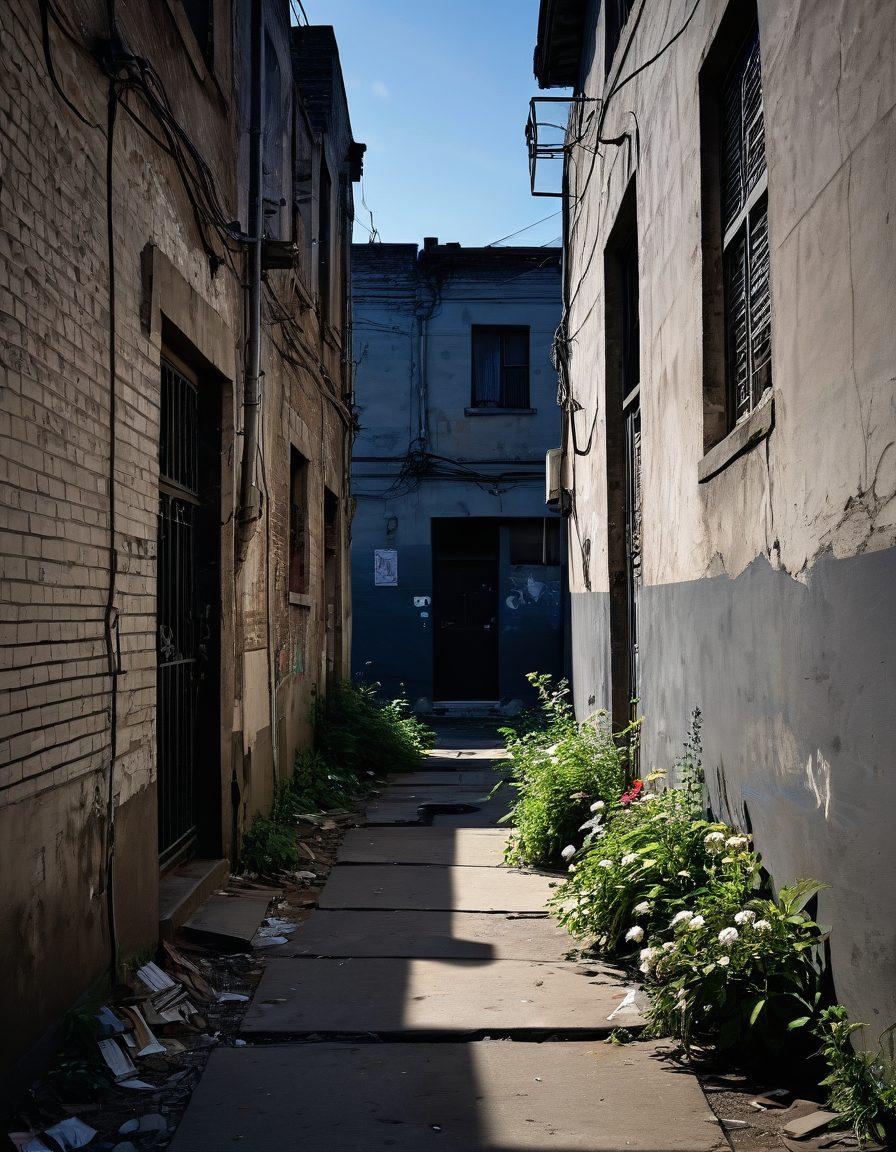 A stark and poignant representation of the duality of innocence and darkness, featuring a split image: one side depicts a serene, sunlit landscape symbolizing hope and purity, while the other side shows a shadowy urban scene filled with subtle hints of despair and discomfort. The contrast should evoke emotions of curiosity and concern, encouraging introspection about societal issues. Use muted colors for the gloomy side and bright hues for the hopeful side, enhancing the narrative. super-realistic. dramatic lighting. high contrast.